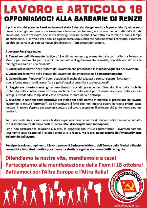 Lavoro e articolo 18: opponiamoci alla barbarie di Renzi! Volantino PRC